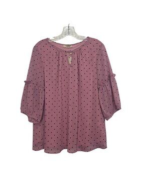 Timeson 3/4‎ Sleeve Blouse Shirt Large Pink New Heart Print Flowy Ruffle Detail